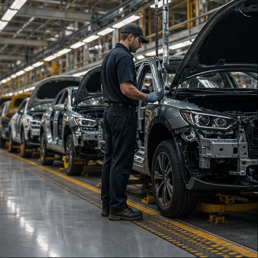 Automotive worker wearing safety footwear