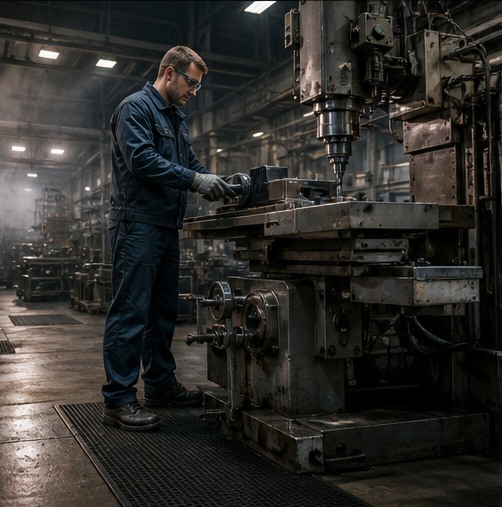Manufacturing worker wearing safety footwear